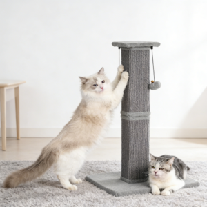 Grey Square Sisal Cat Scratching Post with Heavy Duty Base and Hanging Balls (Two Pack)